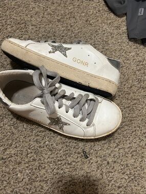 Women's White Leather Sneakers with Silver Glitter Star